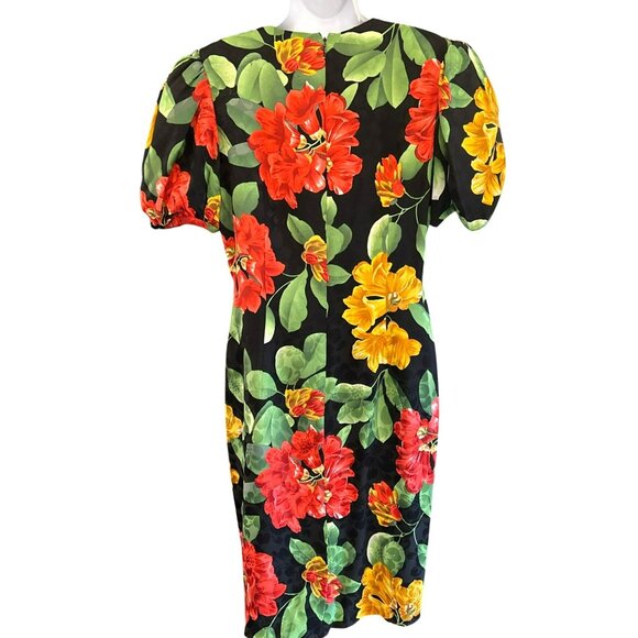 Vintage 1980s Adrianna Papell Tropical Floral Short Sleeve Silk Dress Size 10 - Picture 3 of 8